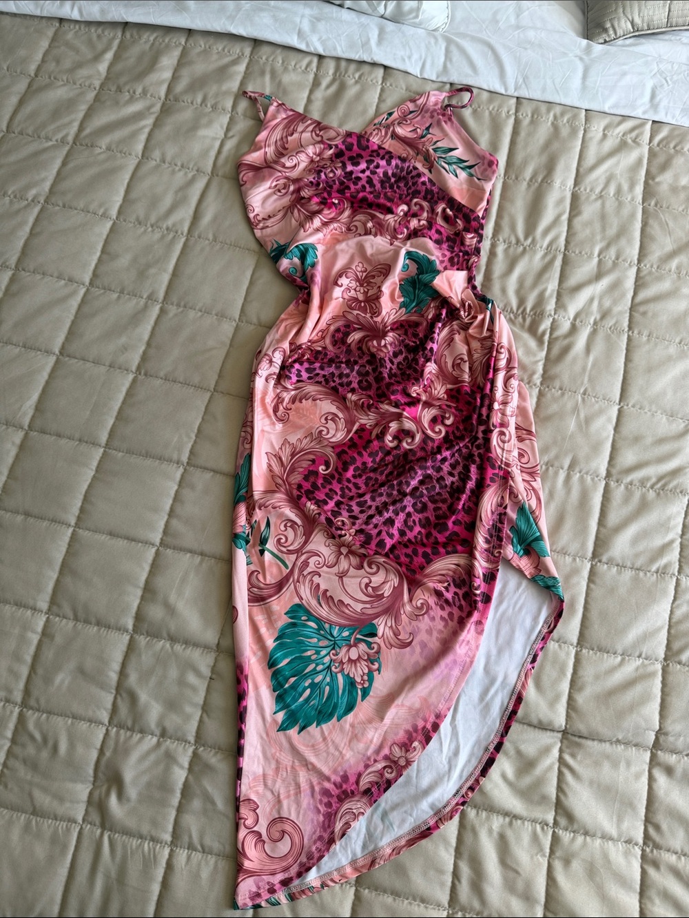Guess Pink & Teal Printed Asymmetric Slip Dress